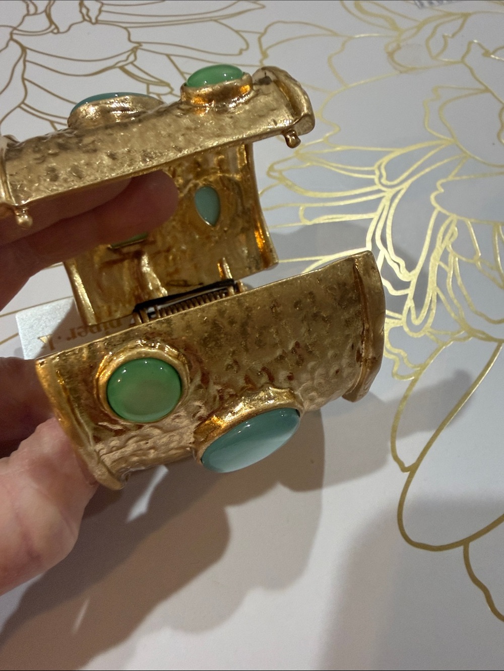 Piper K Sea Blues & Celadon Stones Gold Statement Cuff Bracelet - Picture 3 of 4